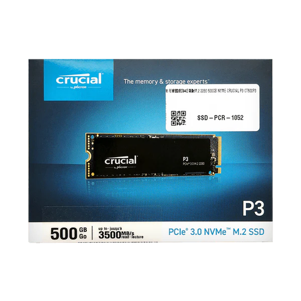 SSD PCI-E 3.0 M.2 2280 500GB NVME CRUCIAL P3 CT500P3SSD8 R/W 3500/1900 MBs Garantía 3 Años
