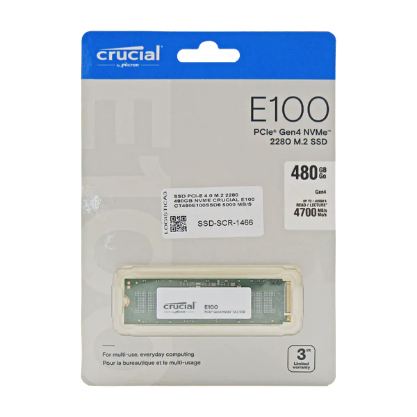 SSD PCI-E 4.0 M.2 2280 480GB NVME CRUCIAL E100 CT480E100SSD8 5000 MB/S Garantía 3 años